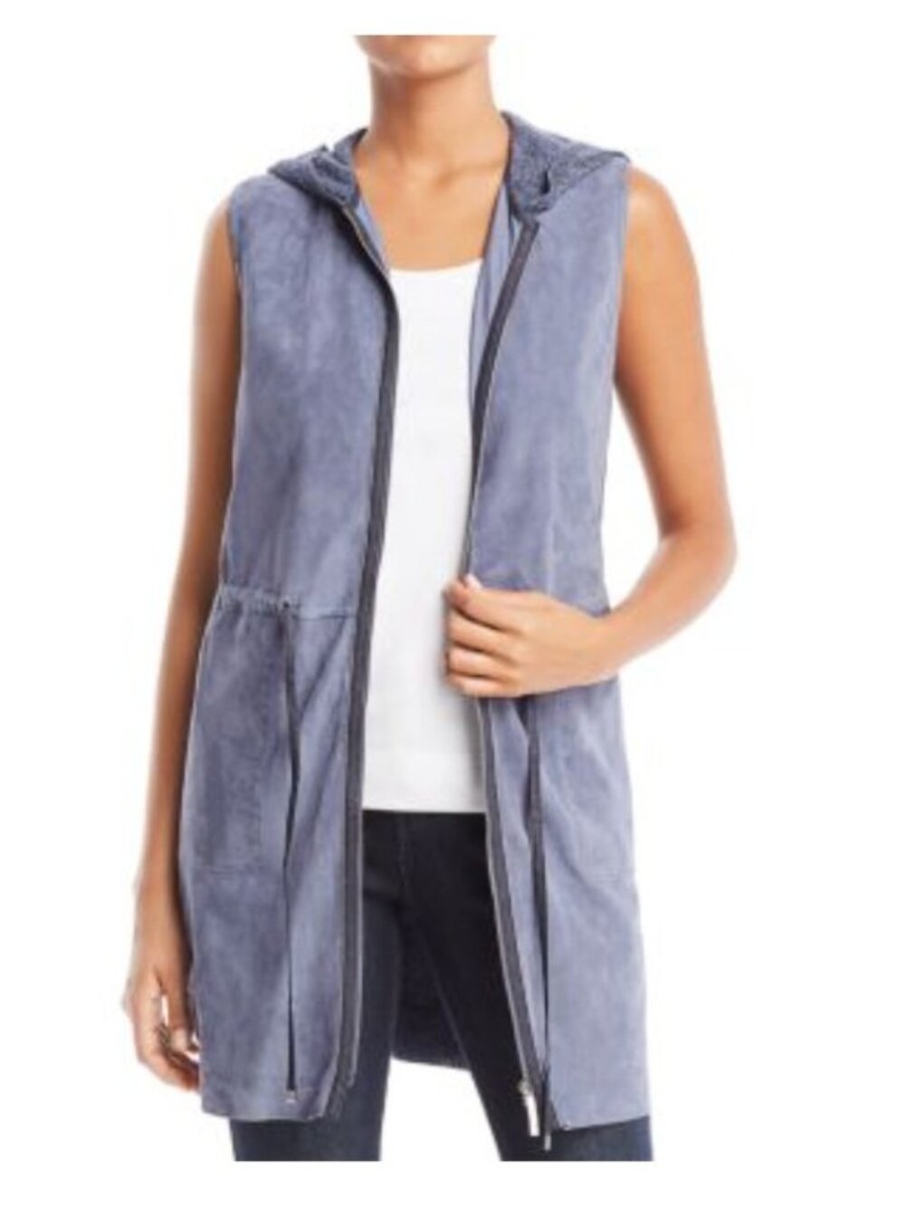 Lafayette 148 New York suede and linen vest size small blue and gray hood